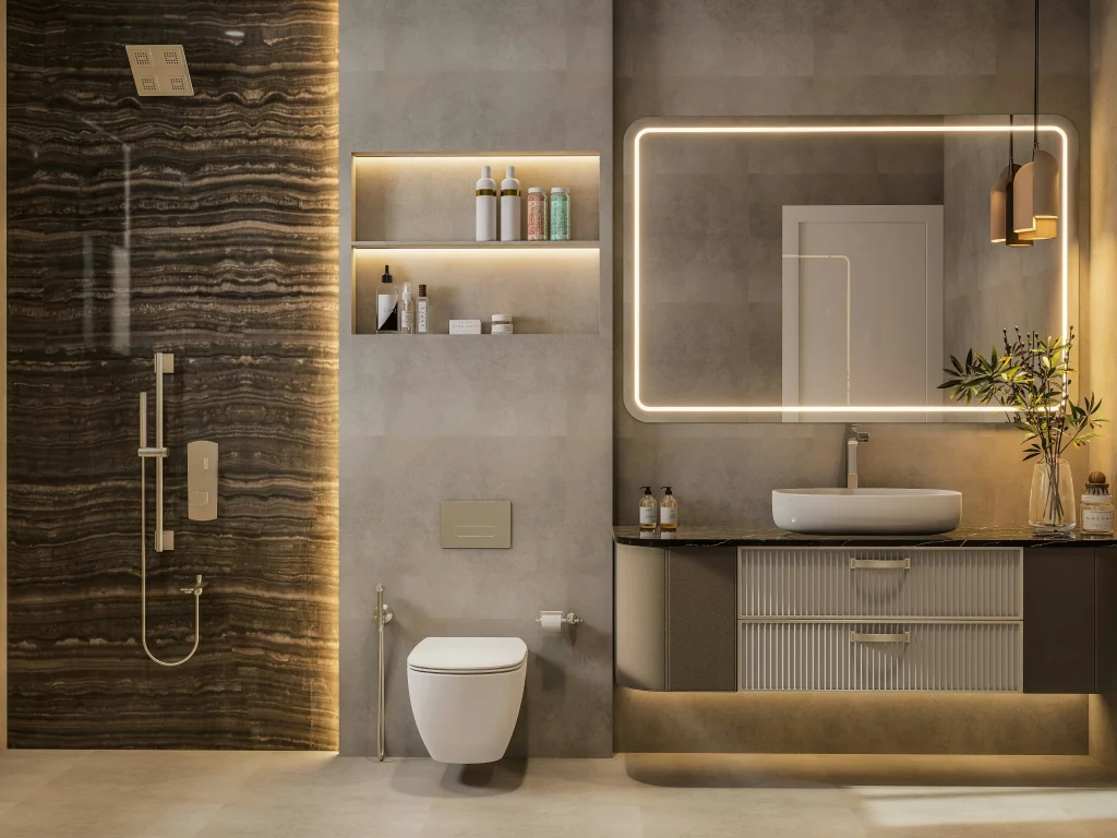 Luxury bathroom remodel by a top renovation company in Aurora Highlands, featuring a seamless glass walk-in shower with white marble wall tiles, a freestanding tub, and a floating wood double vanity.