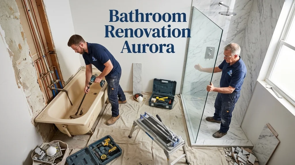 Two professional contractors performing a bathroom renovation in Aurora, Ontario, featuring a tub-to-shower conversion with marble tiling and glass installation.