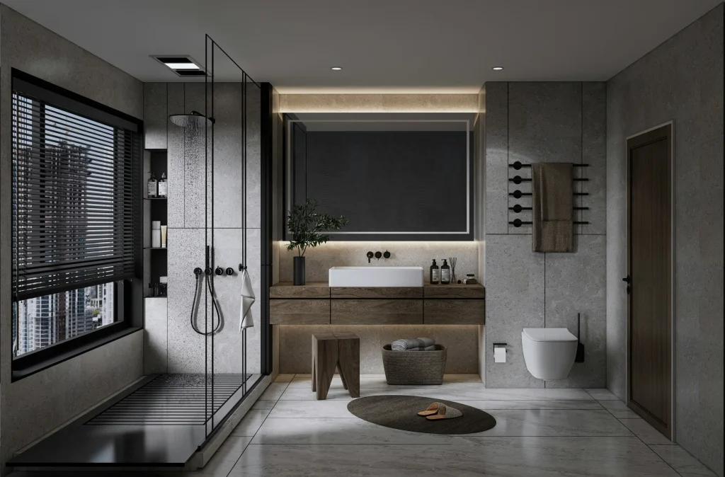 Affordable bathroom renovation in Aurora Estates featuring a white subway tile alcove bathtub and shower combination, a white vanity with chrome hardware, and light grey walls.