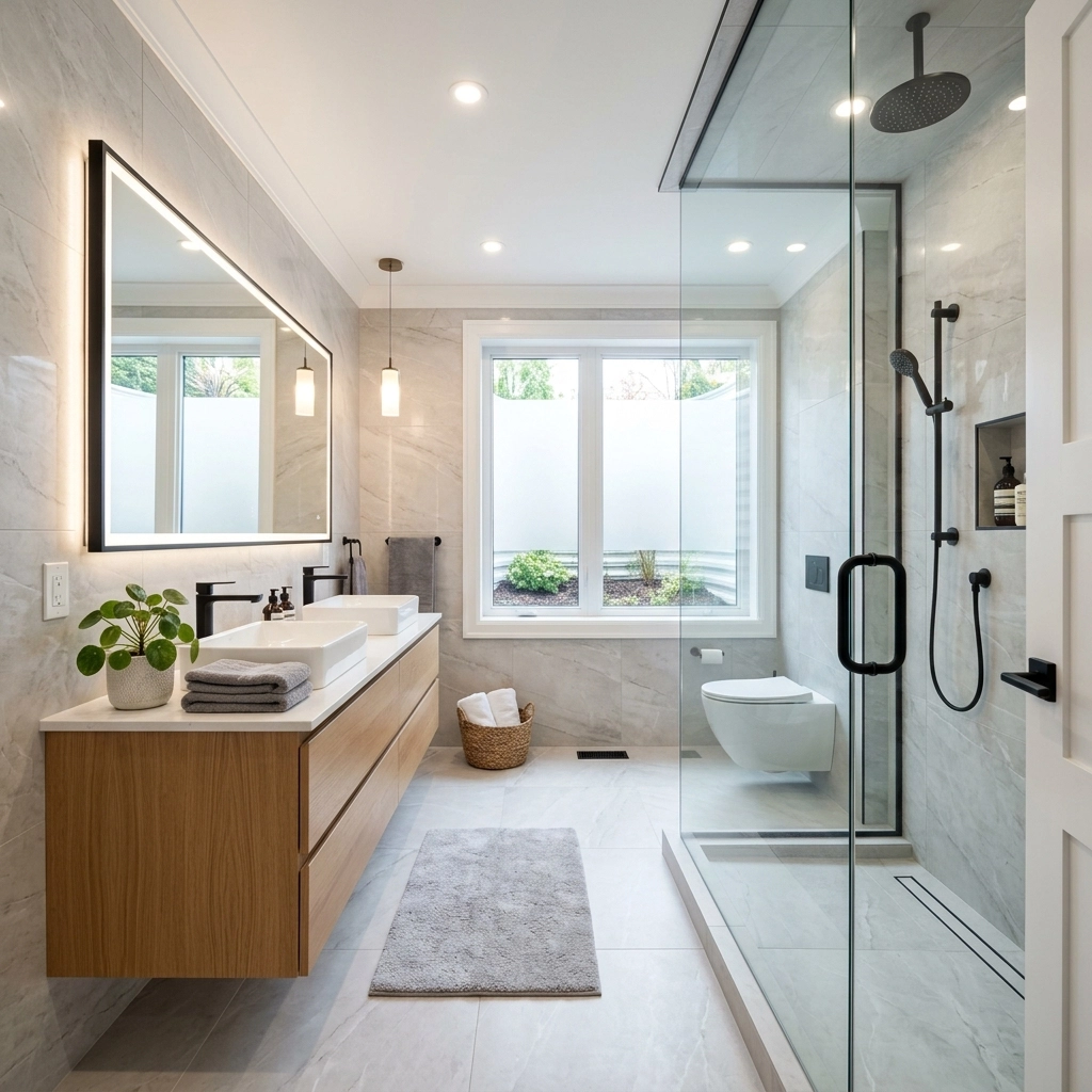 Luxury master bathroom renovation in Aurora featuring a floating wood double vanity, large backlit mirror, and a frameless glass walk-in shower with black fixtures.