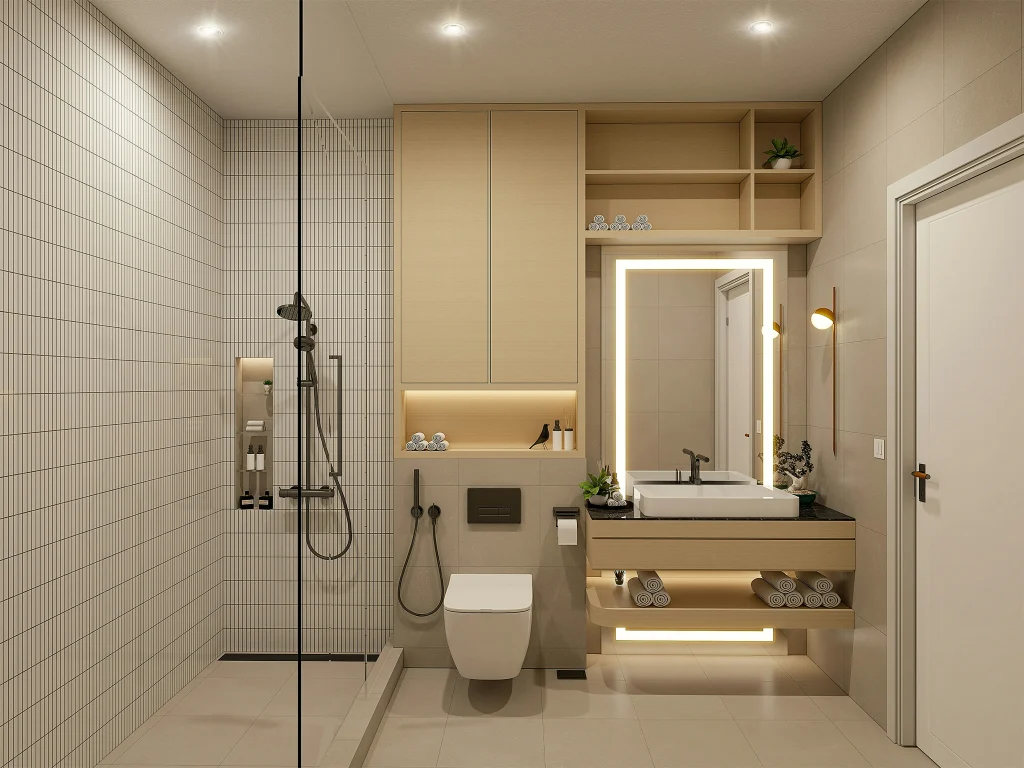 master bathroom remodel by the best renovation company in Aurora Highlands, featuring a matte black freestanding tub, frameless glass walk-in shower with vertical wood-look tiles, and sleek dark gray brick accent walls.