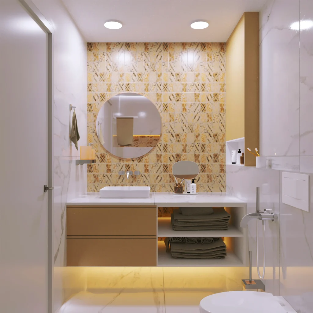 Floating vanity with gold mosaic accent wall, bathroom remodeling Aurora project