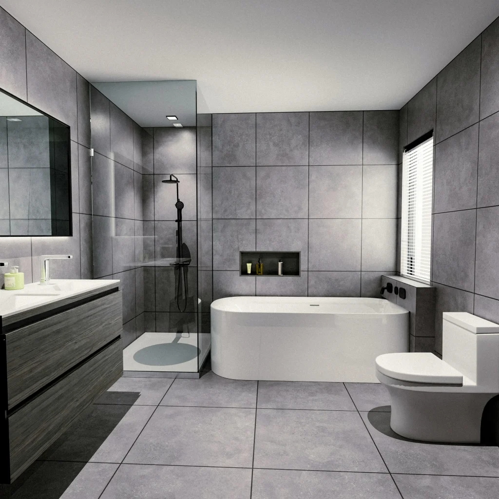 Modern bathroom renovation featuring a curbless shower conversion in Aurora, Ontario, with a glass walk-in shower enclosure, a white freestanding bathtub, large gray concrete-look wall tiles, and a floating wood-grain vanity.