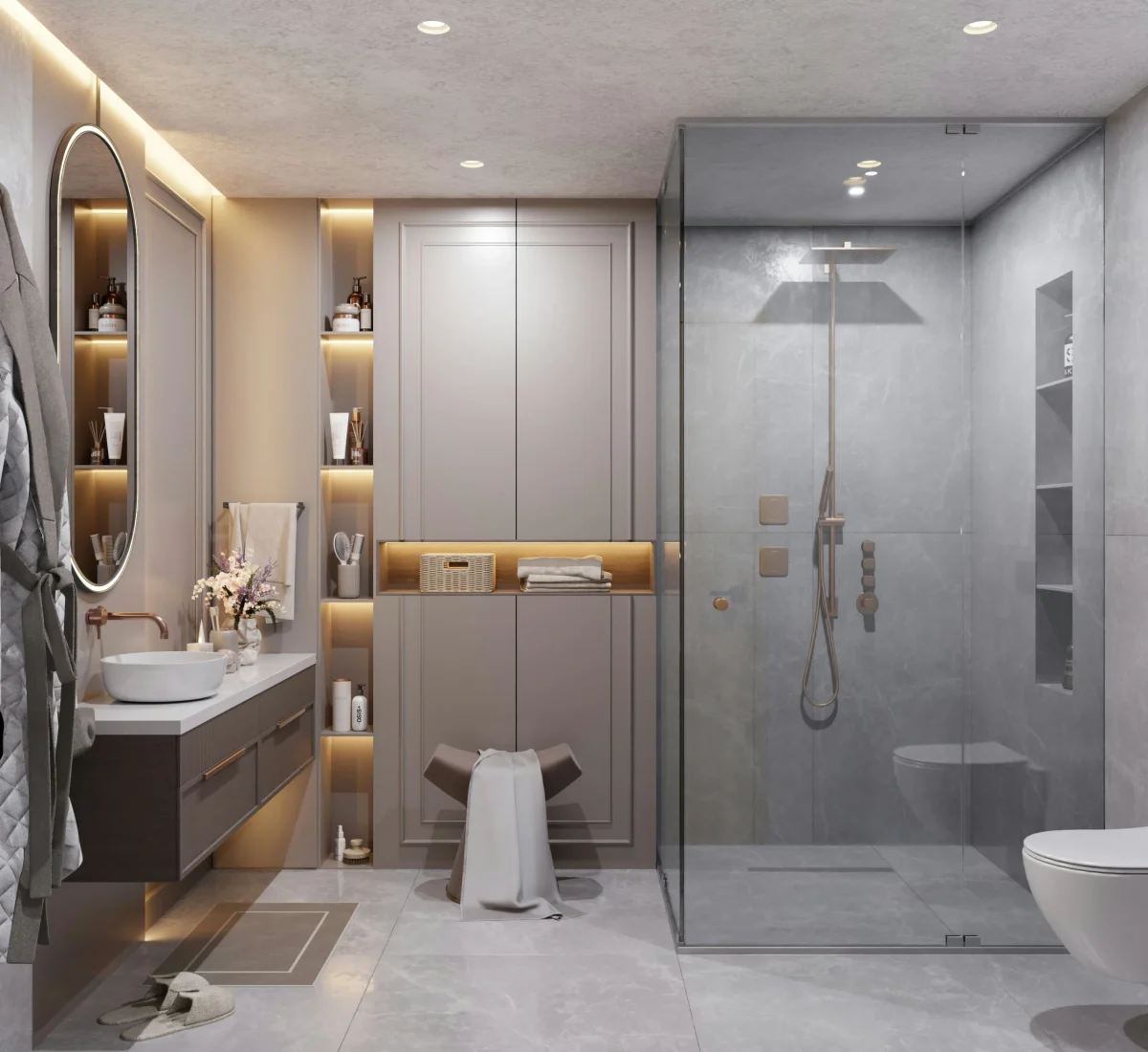 Stunning luxury bathroom remodel featuring a frameless glass walk-in shower, vessel sink floating vanity, built-in LED shelving, and brushed gold hardware — professionally renovated by [Your bathroom renovation in Aurora, On