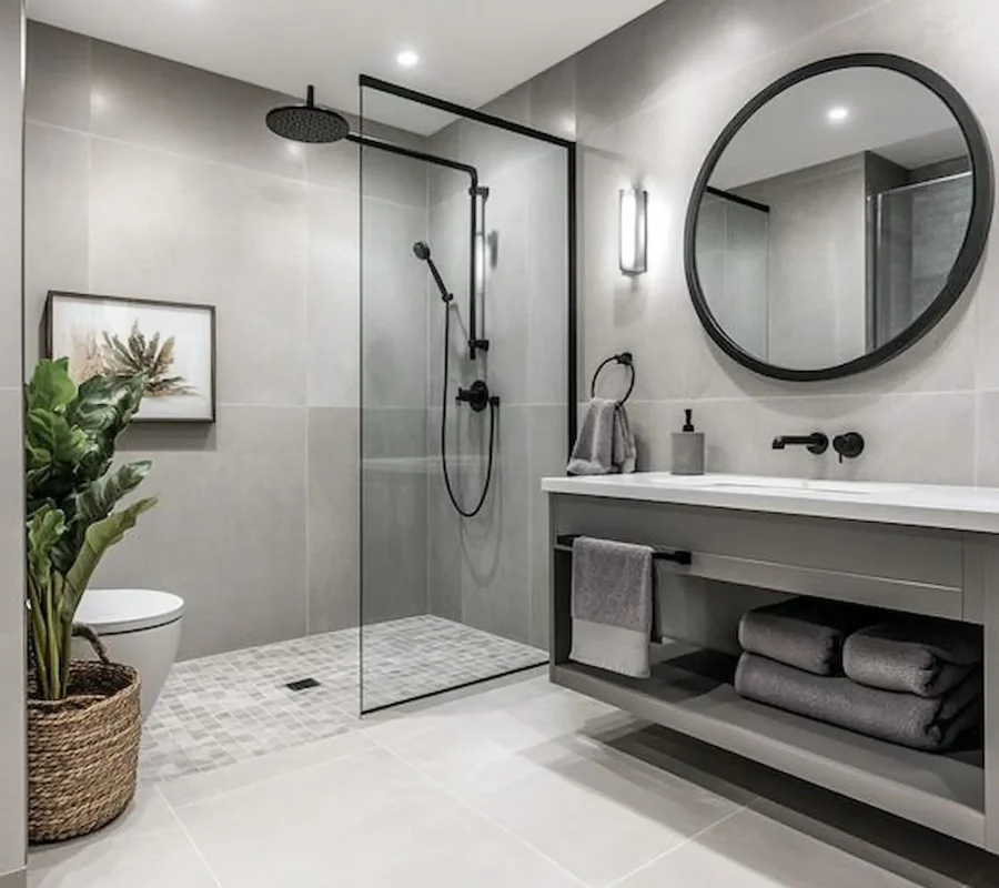 This sleek Aurora bathroom renovation balances cool grey tones with bold matte black hardware and organic textures to create a sophisticated, spa-like atmosphere.
